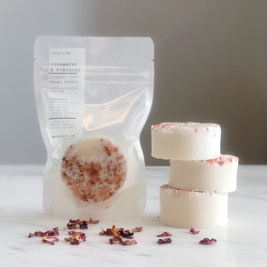 ROSEWATER + HIBISCUS ORGANIC COCO MANGO BUTTER EXFOLIATING SOAP